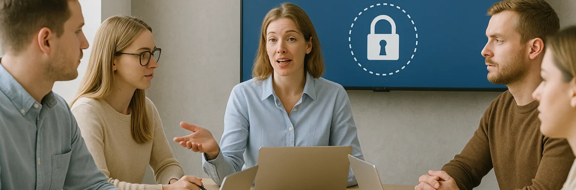 Consultora especializada ministrando um treinamento em segurança cibernética em uma empresa.