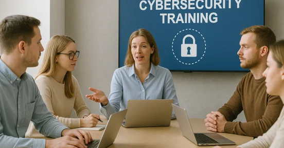 Consultora especializada ministrando um treinamento em segurança cibernética em uma empresa.