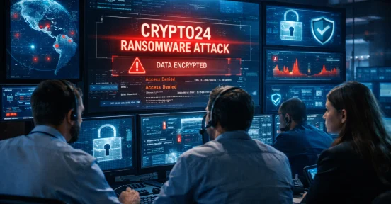 Centro de operaciones de ciberseguridad moderno, con profesionales analizando múltiples pantallas que muestran un ataque de ransomware detectado.