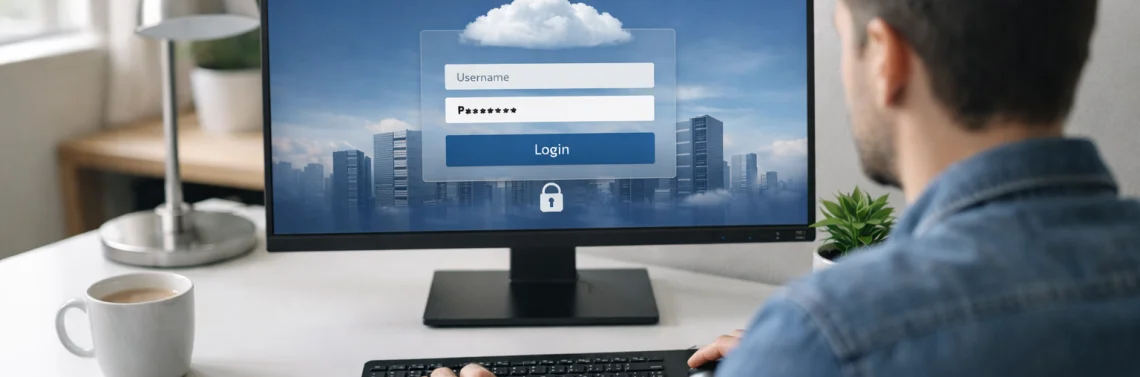 Profissional trabalhando em casa com desktop remote na nuvem, em um ambiente seguro e moderno.