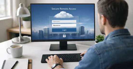 Profissional trabalhando em casa com desktop remote na nuvem, em um ambiente seguro e moderno.