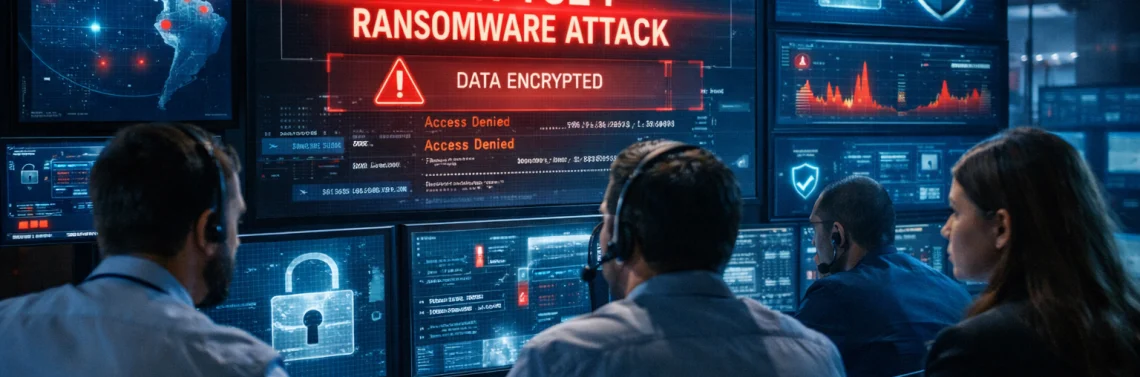 Modern cybersecurity operations center, with professionals analyzing multiple screens showing a detected ransomware attack.