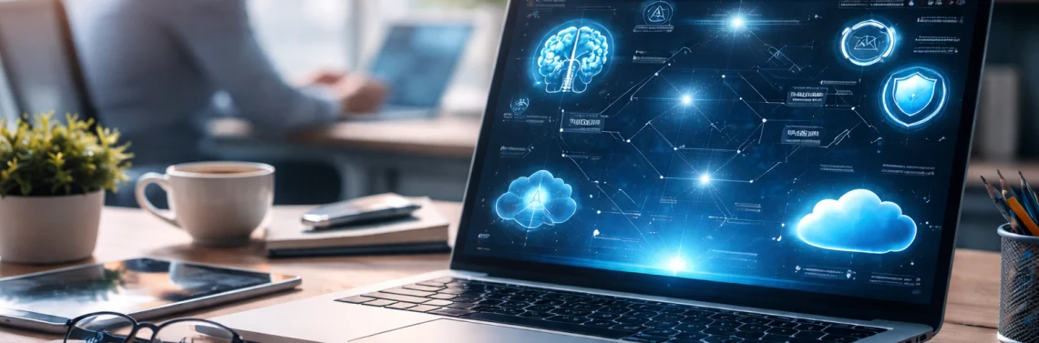 Tendências tecnológicas 2026 no ambiente corporativo com análise estratégica e inteligência artificial no escritório moderno.