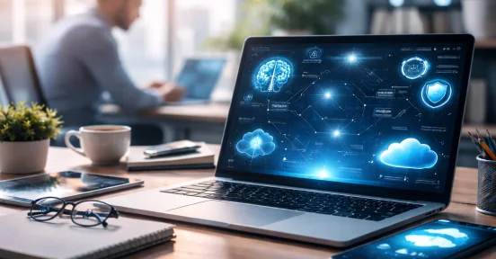 Tendências tecnológicas 2026 no ambiente corporativo com análise estratégica e inteligência artificial no escritório moderno.