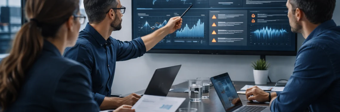 Equipo IT revisando un dashboard de SIEM Wazuh con reportes de auditoría y gráficos de monitoreo en sala de reuniones.