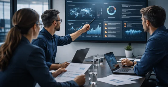 Equipo IT revisando un dashboard de SIEM Wazuh con reportes de auditoría y gráficos de monitoreo en sala de reuniones.