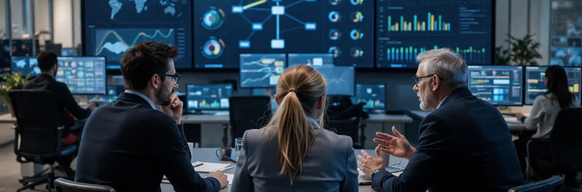 Equipe sênior de TI analisando painéis de monitoramento e gestão de serviços digitais em uma moderna sala de operações, no contexto do ITIL 5.