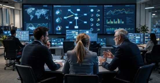 Equipe sênior de TI analisando painéis de monitoramento e gestão de serviços digitais em uma moderna sala de operações, no contexto do ITIL 5.