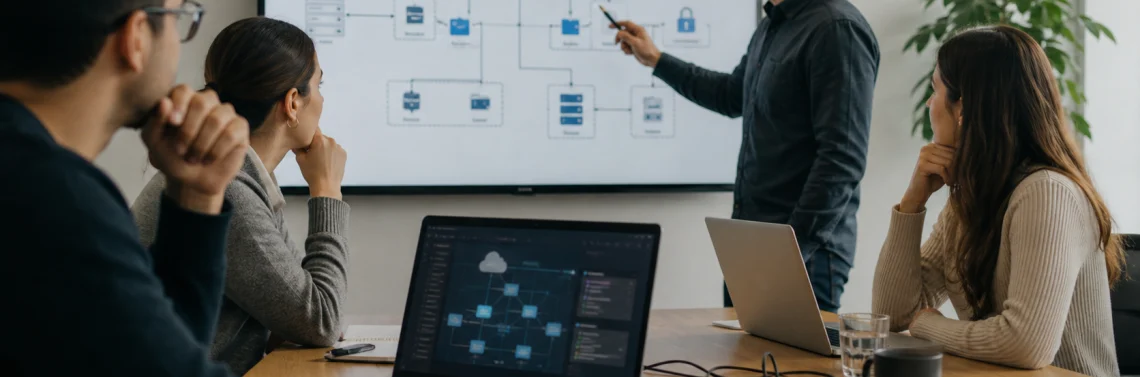 Equipo IT revisando arquitectura de Microsoft Azure y conectividad cloud segura.