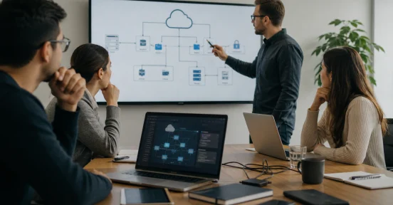 Equipo IT revisando arquitectura de Microsoft Azure y conectividad cloud segura.
