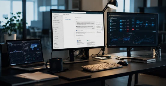 Security for AI agents en una oficina IT con monitores de ciberseguridad y dashboards de monitoreo.