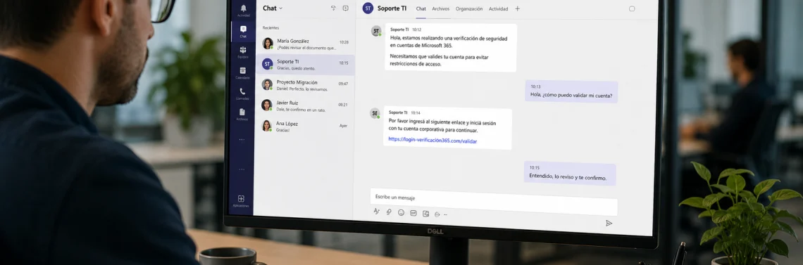 Phishing via Microsoft Teams in a corporate environment with a suspicious chat alert displayed on screen.