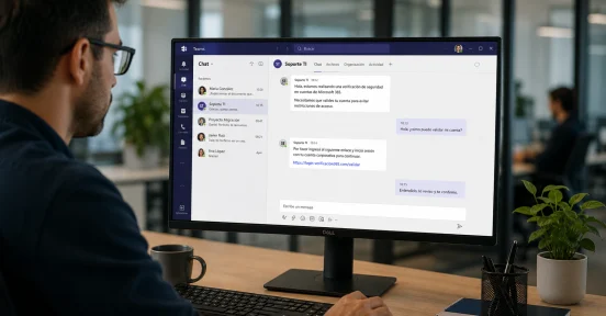 Phishing via Microsoft Teams in a corporate environment with a suspicious chat alert displayed on screen.