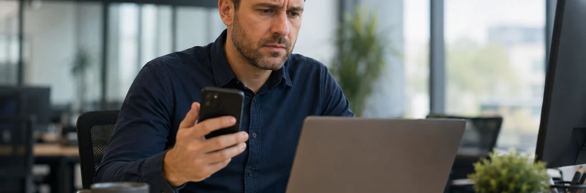 Profesional de IT revisando una autenticación sospechosa por device code phishing en Microsoft 365 en una oficina corporativa.