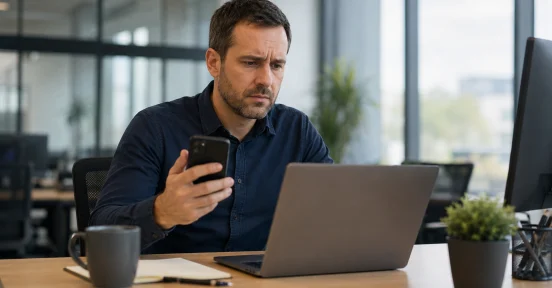 Profesional de IT revisando una autenticación sospechosa por device code phishing en Microsoft 365 en una oficina corporativa.