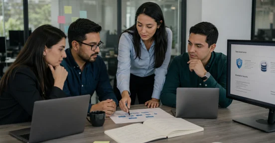 Equipo de profesionales IT analizando la gobernanza de datos en la operación IT para proteger información crítica empresarial.