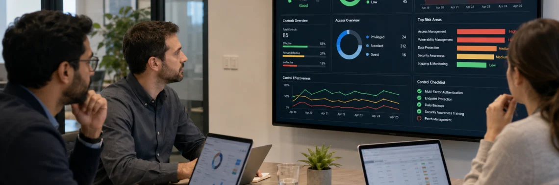 IT team analyzing cybersecurity controls and their effectiveness in a corporate environment.