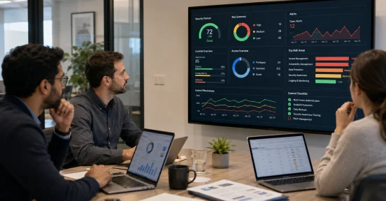 IT team analyzing cybersecurity controls and their effectiveness in a corporate environment.