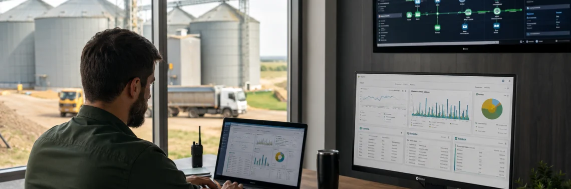 Infraestrutura de TI para o setor agrícola em um complexo agroindustrial: um profissional monitora sistemas, dados e operações a partir de um centro de controle com vista para os silos e a unidade de produção.