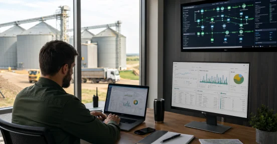 Infraestrutura de TI para o setor agrícola em um complexo agroindustrial: um profissional monitora sistemas, dados e operações a partir de um centro de controle com vista para os silos e a unidade de produção.