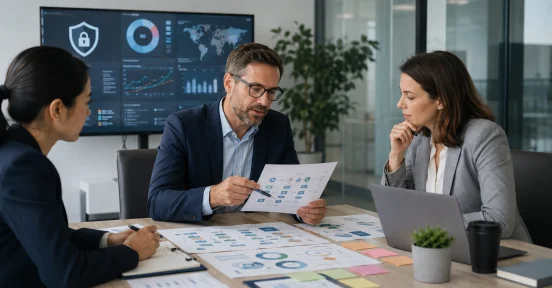 Reunião de equipe analisando frameworks de cibersegurança e estratégias de proteção em um escritório corporativo.