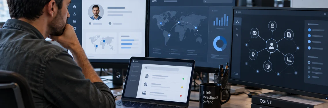 Cybersecurity analyst reviewing public information and digital relationships during an OSINT investigation.