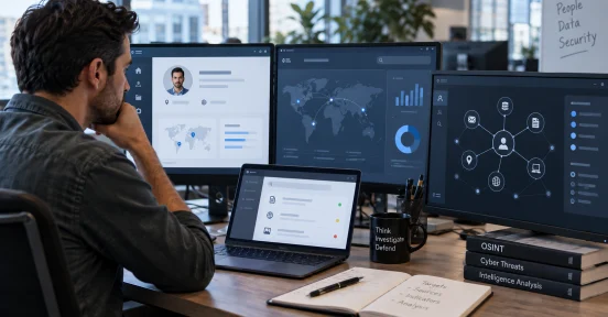 Cybersecurity analyst reviewing public information and digital relationships during an OSINT investigation.