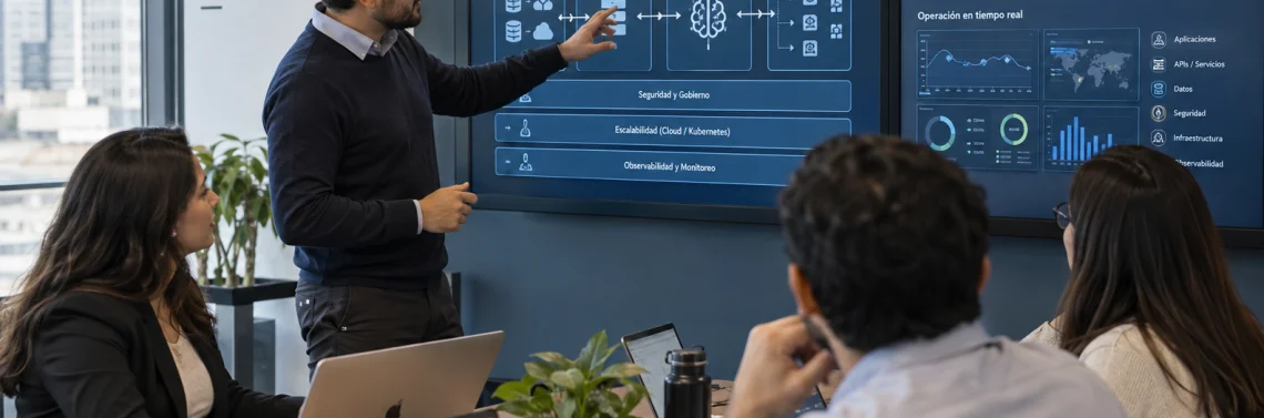 Reunión de equipo en oficina corporativa analizando una arquitectura de IA empresarial para llevar soluciones de inteligencia artificial del prototipo a producción.