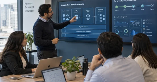 Reunión de equipo en oficina corporativa analizando una arquitectura de IA empresarial para llevar soluciones de inteligencia artificial del prototipo a producción.